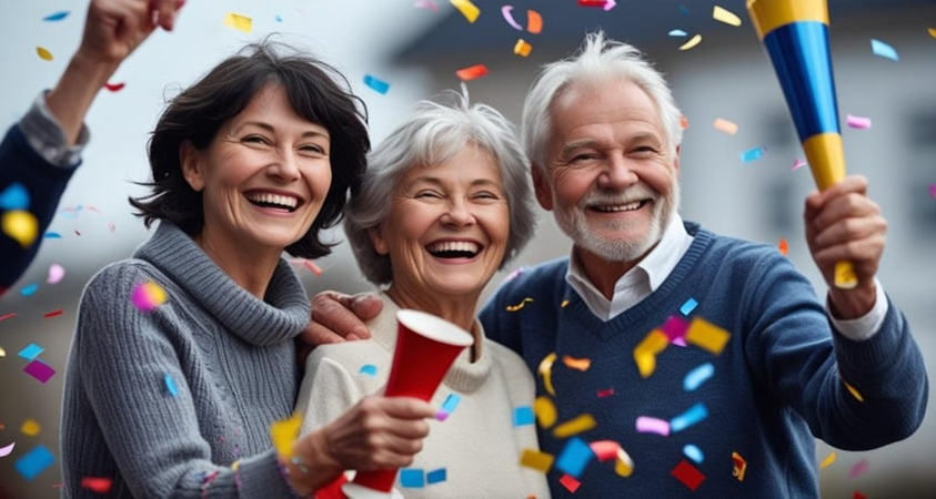 Tre personer som ser glada ut.  De håller partypoppers i händerna. AI-genererad